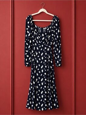 Reformation Navy and White Long-Sleeve Printed Midi Dress